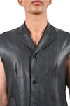 Straight fit raw-edge leather longline sleeveless jacket