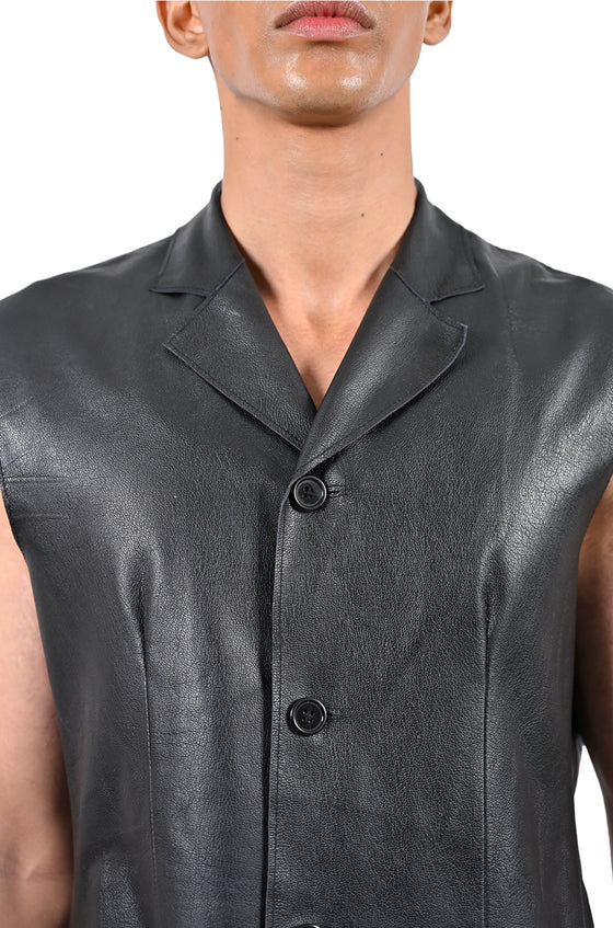 Straight fit raw-edge leather longline sleeveless jacket