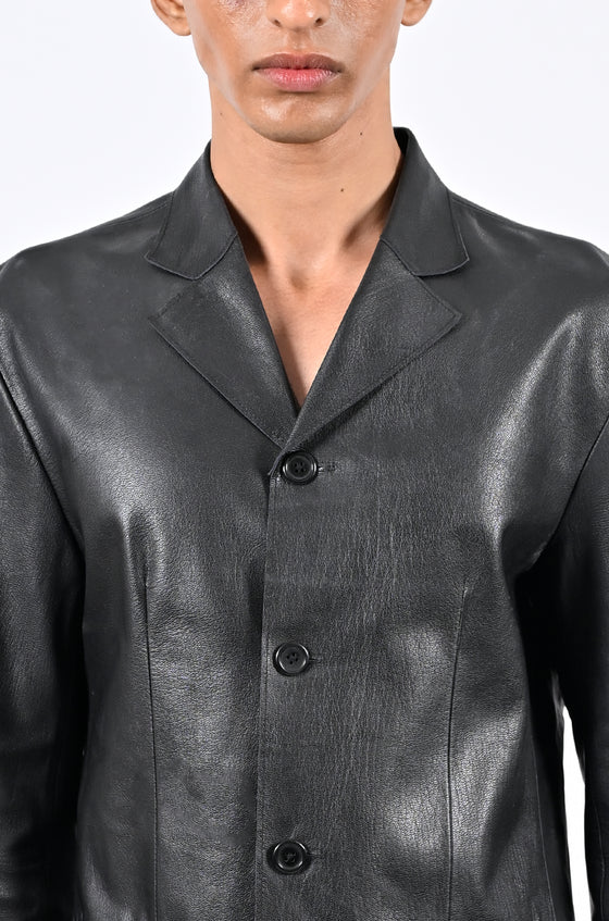 Straight fit raw-edge leather blazer