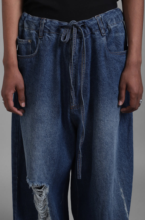 SuperHUEMN Dark Wash Faded Effect Classic Distressed Jeans (Indigo)