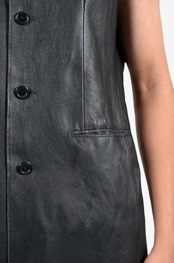 Straight fit raw-edge leather longline sleeveless jacket