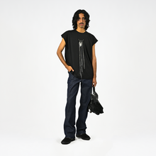  Hand-embroidered canine top with hanging silk threads (Men's) - Black