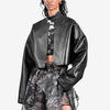 Oversized raw-edge cropped leather bomber jacket