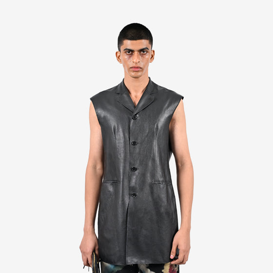 Straight fit raw-edge leather longline sleeveless jacket