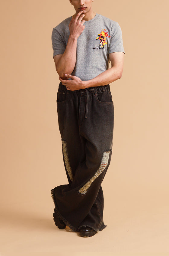 SuperHUEMN Handcrafted 'Burning Man' T-shirt (Melange Grey)