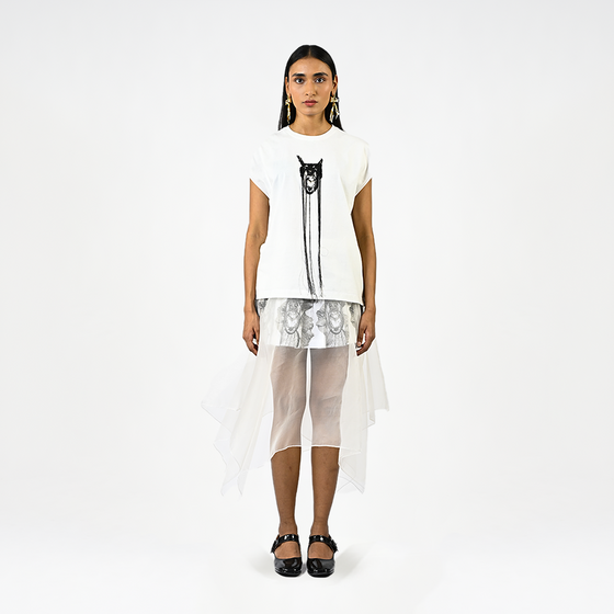 Hand-embroidered canine top with hanging silk threads (Women's) - White