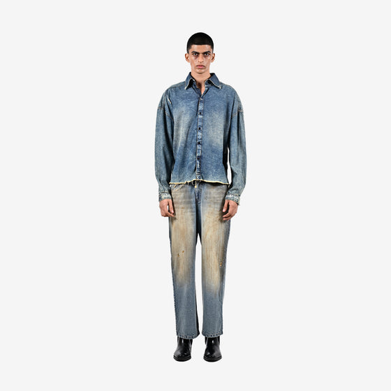 Oversized unisex denim shirt with hand-painted mud-washed surface (Indigo)