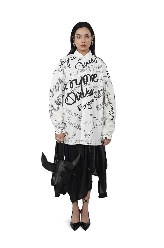 Oversized unisex shirt with 'everyone sucks' all-over print (White)