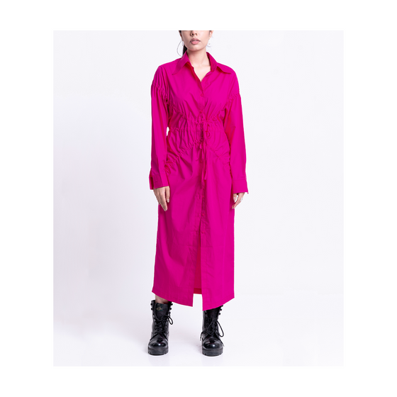 hot pink drawstring dress QUINNIE ROUND SCOOP NECK LONG SLEEVE RUCHING DRAWSTRING DETAIL MIDI DRESS