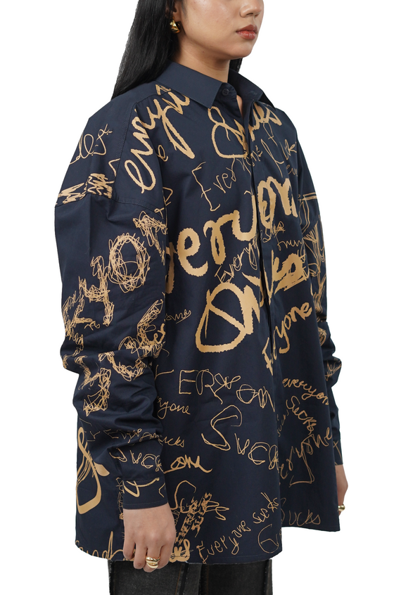 Oversized unisex shirt with 'everyone sucks' all-over print (Navy Blue)