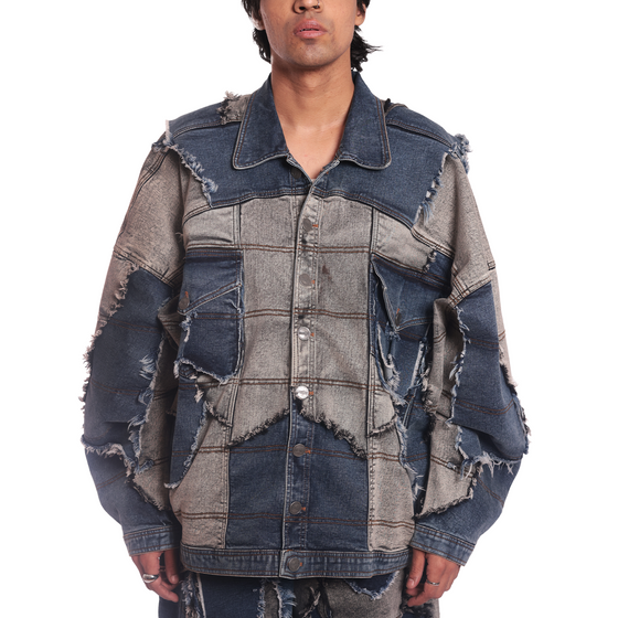 Oversized unisex jacket with dual toned 100 patched panels