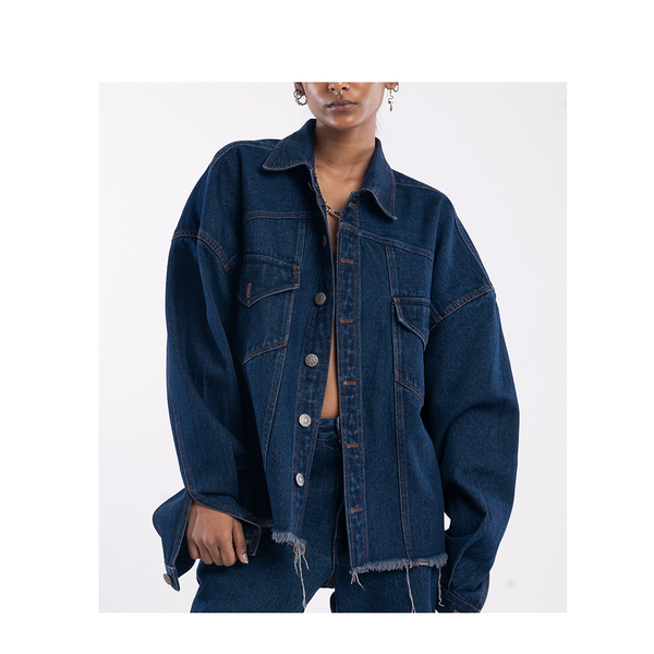 fashiru oversized denim jacket ネイビー Classic Distressed Denim Jacket – HUEMN