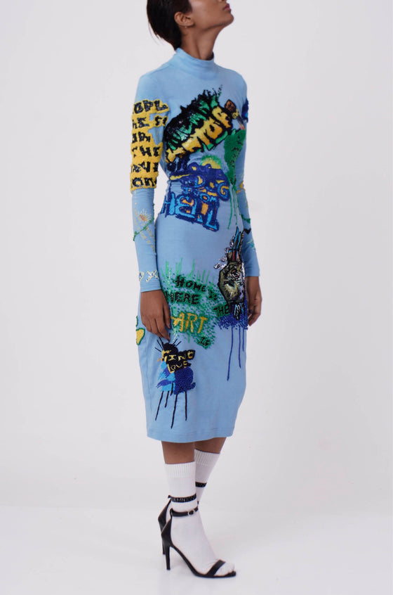 Handcrafted Graffiti Dress (Sky Blue)