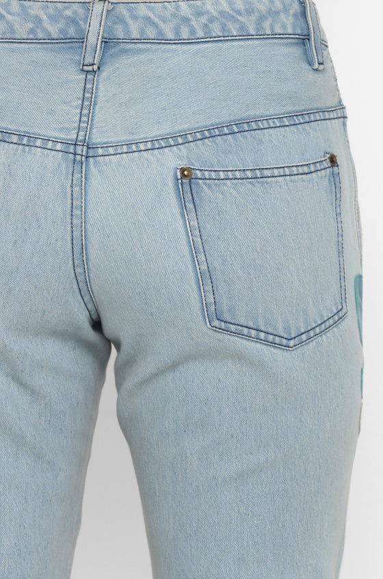 Panelled Multi-material Jeans (Light Washed Blue)